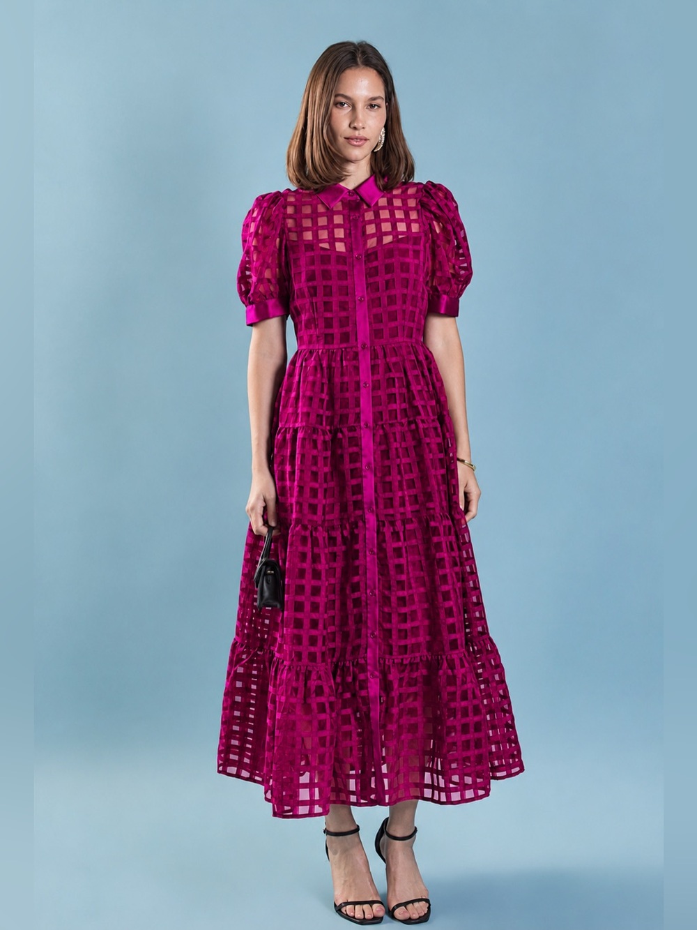 English factory Organza short sleeve button front midi dress